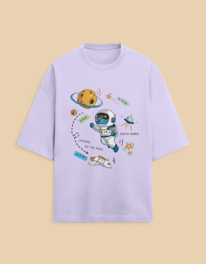 Light purple t-shirt with space astronaut graphic, cartoon planets, and moon landing design