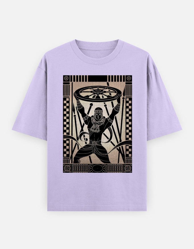 Unisex oversized classic t-shirt with black and white lavender graphic of man holding wheel