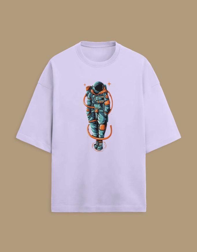 Oversized light purple t-shirt with colorful astronaut graphic on beige background