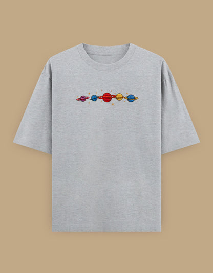 Grey oversized t-shirt with colorful planets embroidery on the chest