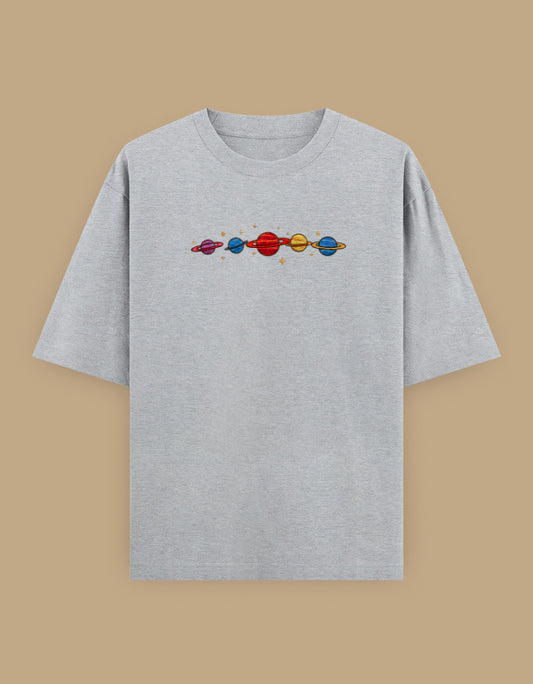 Grey oversized t-shirt with colorful planets embroidery on the chest
