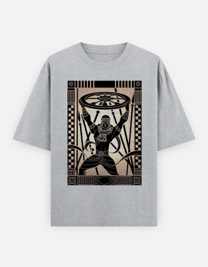 Unisex oversized gray t-shirt with warrior shield sword graphic