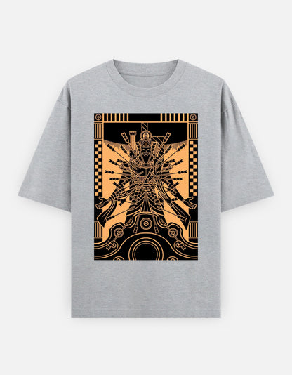 Gray unisex oversized t-shirt with gold black stylized figure graphic