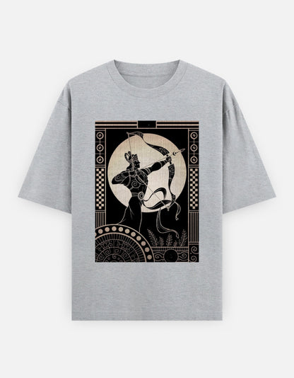 Arjun oversized classic gray t-shirt with black gold classical figure arrow graphic