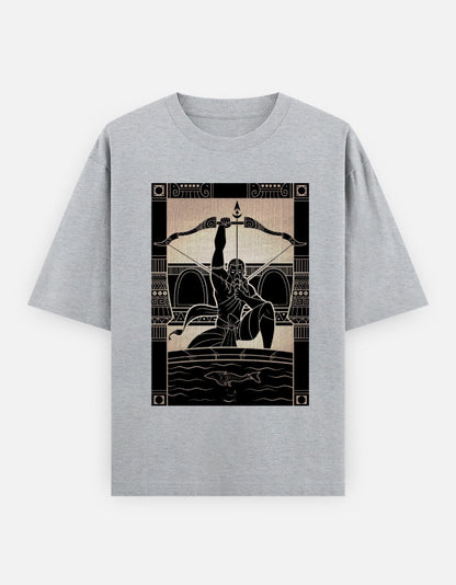 Unisex oversized gray t-shirt with black archer and arrows graphic
