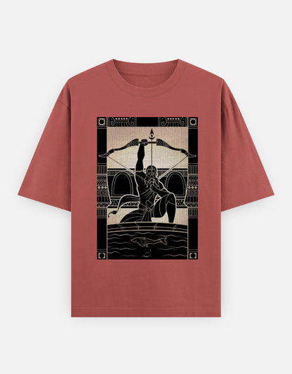 Unisex oversized maroon t-shirt with black Greek mythological archer graphic