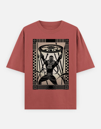 Unisex oversized classic t-shirt in rust with black figure holding wheel graphic