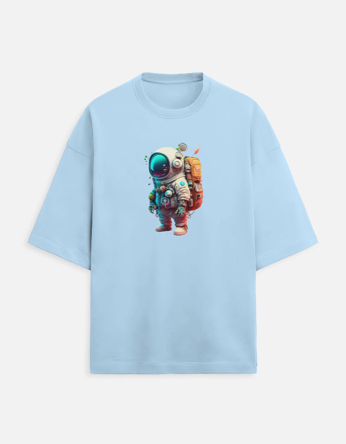 Light blue t-shirt with colorful astronaut graphic on front, space fashion apparel