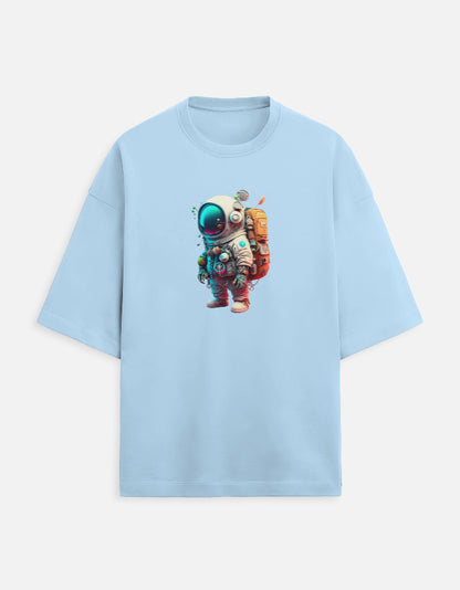 Light blue t-shirt with colorful astronaut graphic on front, space fashion apparel
