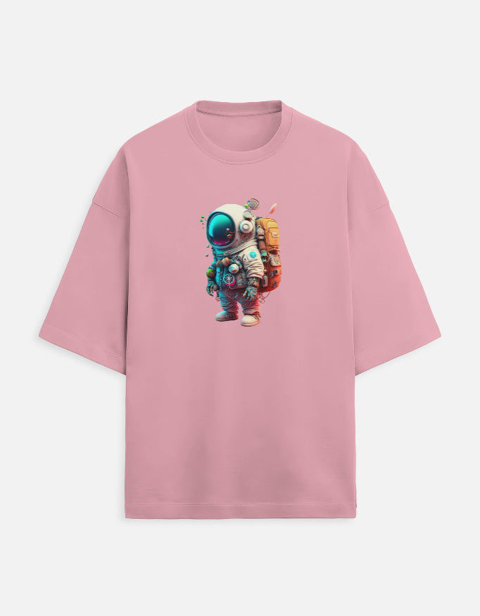 Pink t-shirt with colorful astronaut graphic on the front, casual space-themed apparel