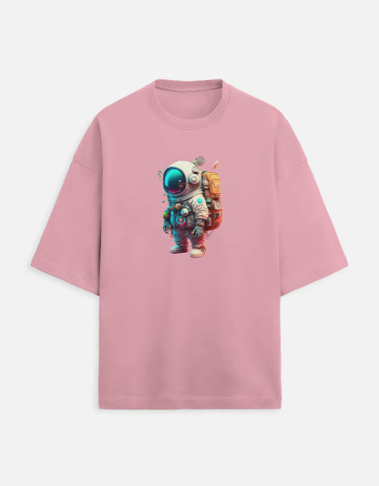 Pink t-shirt with colorful astronaut graphic on the front, casual space-themed apparel