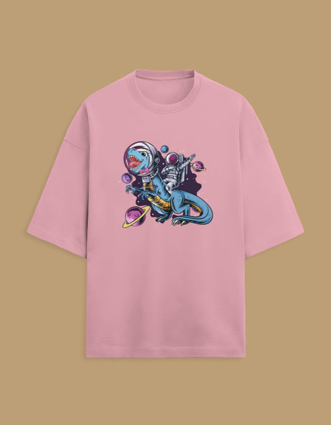 Pink t-shirt with astronaut T-rex dinosaur and planets space graphic design