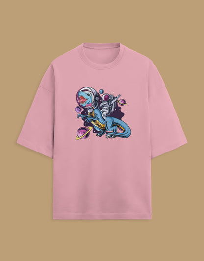 Pink t-shirt with astronaut T-rex dinosaur and planets space graphic design