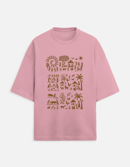 Pink oversized unisex tee with Hmong-inspired village and animal graphic