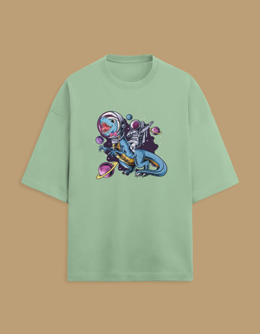 Mint green t-shirt with cartoon dinosaur astronaut and planets graphic design