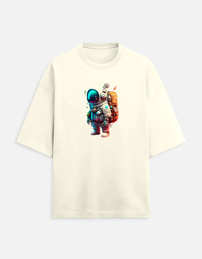 White t-shirt with colorful astronaut graphic on the front, space-themed clothing
