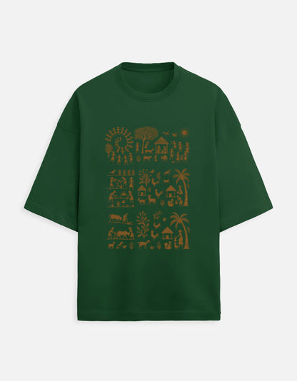 Green Unisex Terry Oversized Tee with gold tropical palm tree graphic