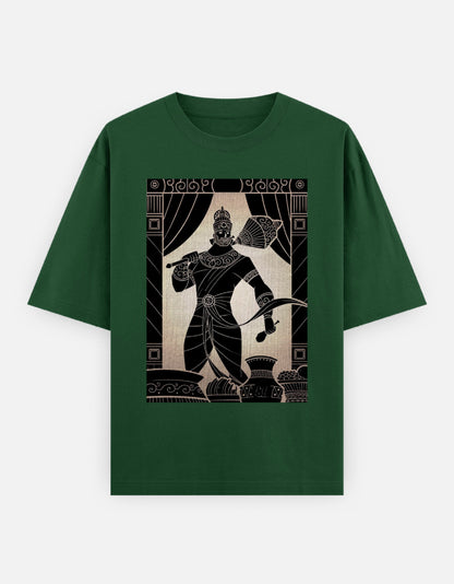 Unisex oversized green t-shirt with black warrior graphic on cotton