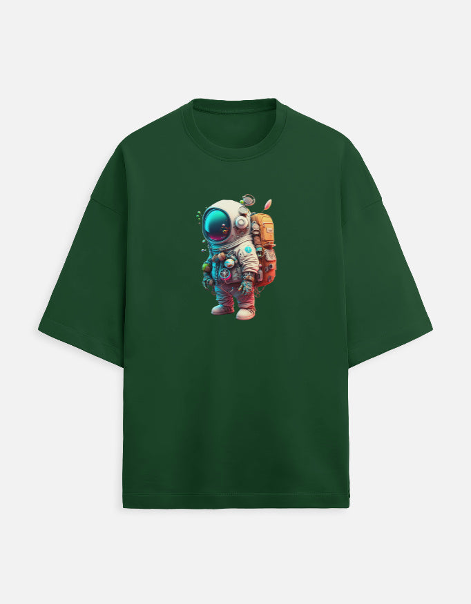 Green t-shirt with colorful cartoon astronaut graphic on front