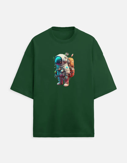 Green t-shirt with colorful cartoon astronaut graphic on front