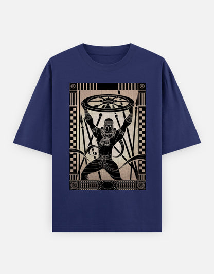 Unisex oversized navy blue t-shirt with man holding wheel graphic