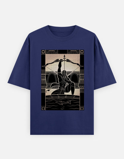 Unisex oversized navy blue t-shirt with black and white archer graphic