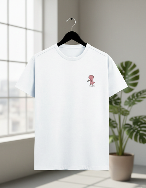 White t-shirt with a small graphic on a hanger in a bright room with a plant.