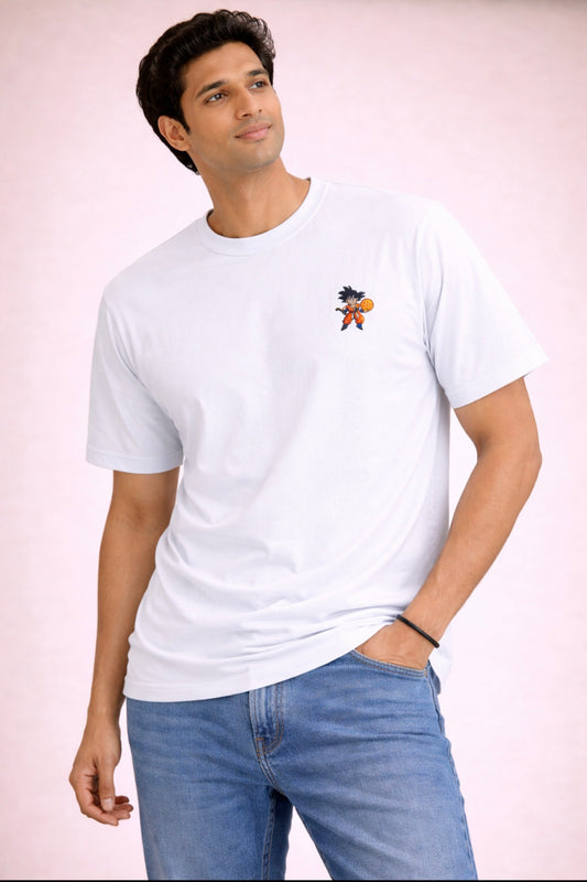Man wearing a white t-shirt with a small graphic on a light pink background