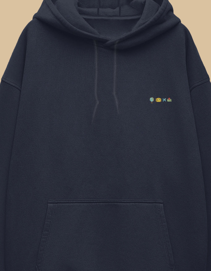 NavyBlue oversized hoodie with small embroidered travel icons on the left chest