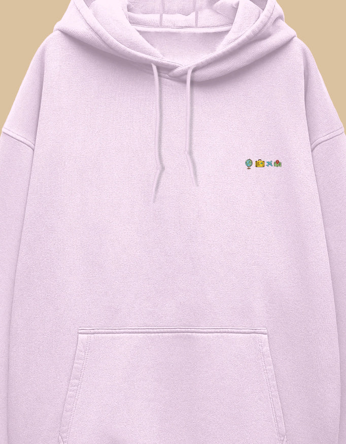 Baby Pink oversized hoodie with small embroidered travel icons on the left chest