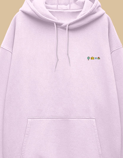 Baby Pink oversized hoodie with small embroidered travel icons on the left chest