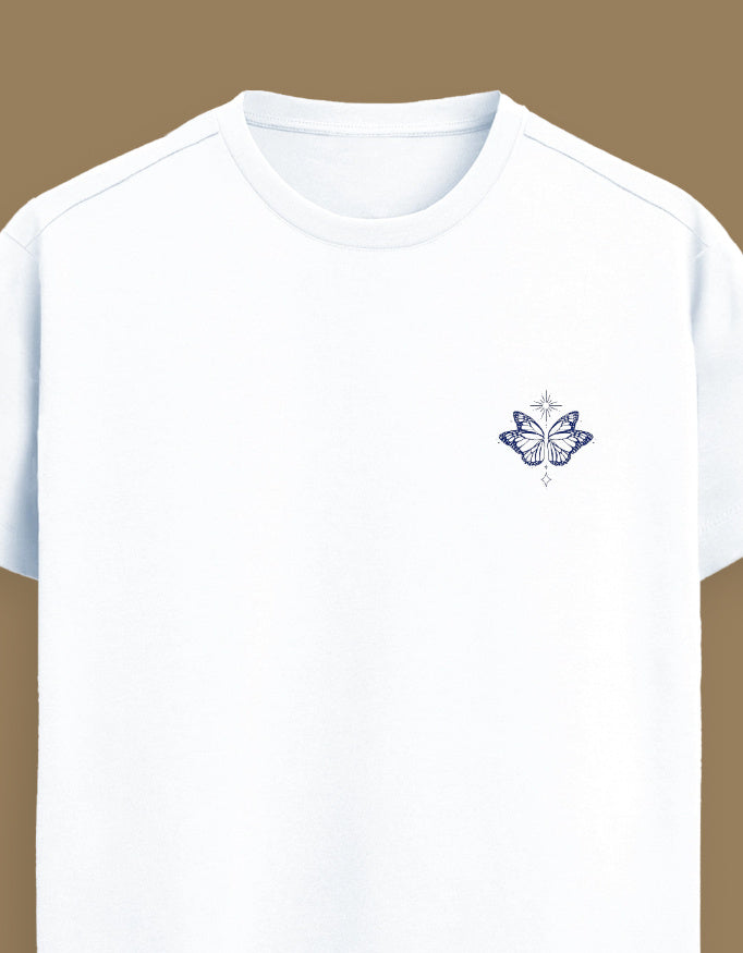 Color_White_Fabric: 100% Supima® cotton — 160 GSM. Ultra-soft, breathable, and made to last. 
Fit: Unisex regular fit 
Design: Minimal Butterfly embroidery on the left chest