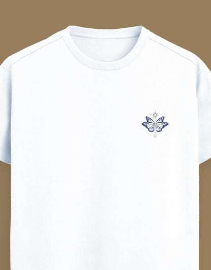 Color_White_Fabric: 100% Supima® cotton — 160 GSM. Ultra-soft, breathable, and made to last. 
Fit: Unisex regular fit 
Design: Minimal Butterfly embroidery on the left chest
