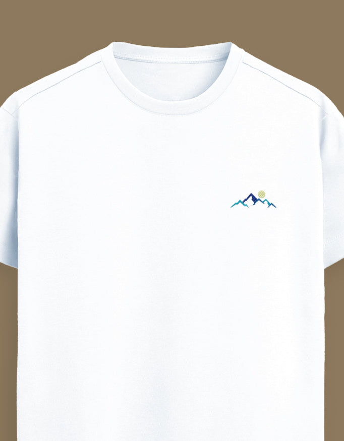 Color_White Premium Supima cotton unisex t-shirt with small mountain moon embroidery on left chest