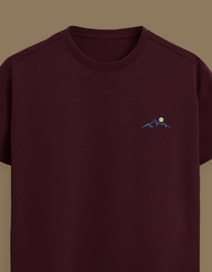 Color_Maroon Premium Supima cotton unisex t-shirt with small mountain moon embroidery on left chest