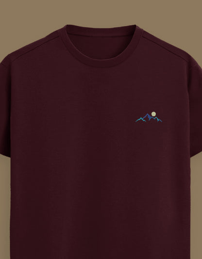 Color_Maroon Premium Supima cotton unisex t-shirt with small mountain moon embroidery on left chest
