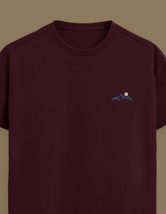 Color_Maroon Premium Supima cotton unisex t-shirt with small mountain moon embroidery on left chest