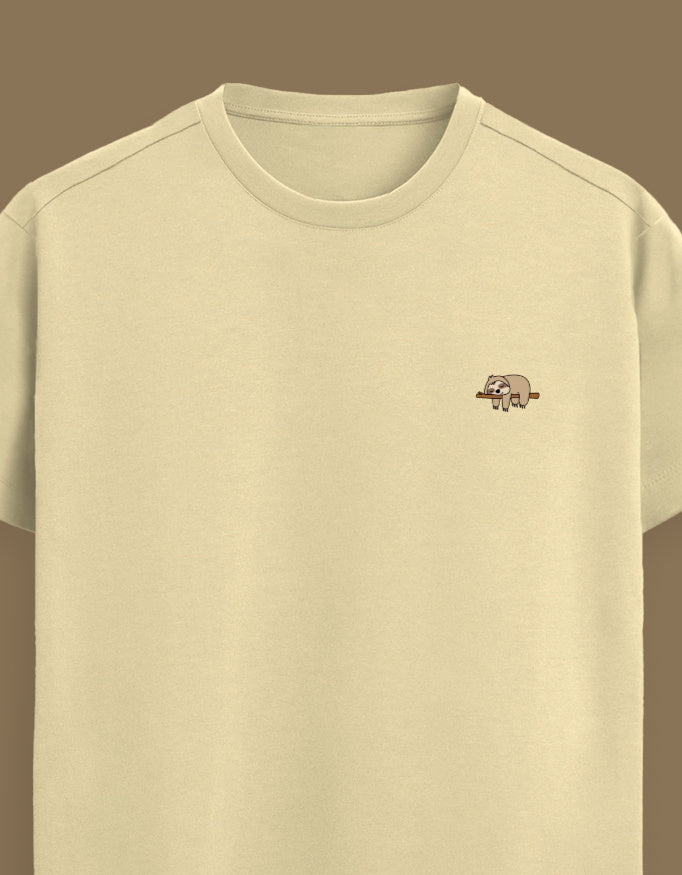 Color_Beige Premium Supima cotton unisex t-shirt with small cute embroidery on left chest
