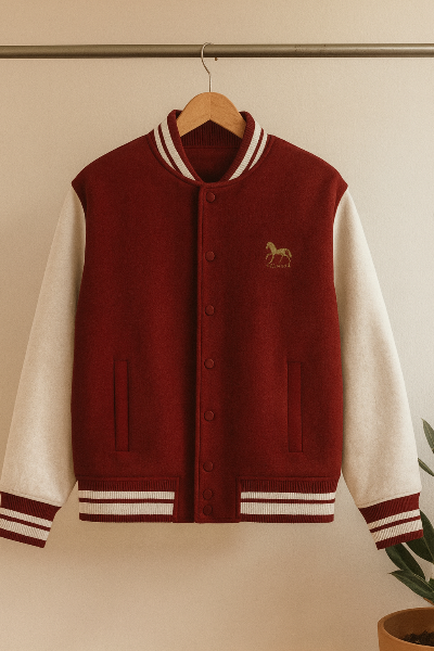 Red and white varsity jacket with a horse emblem on a hanger against a beige background