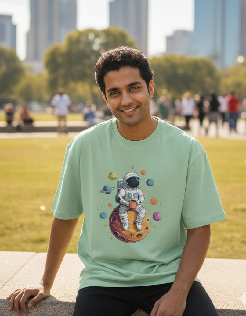 Man wearing a Jade oversized t-shirt with colorful astronaut graphic, sitting outdoors in a park — iTiDharma premium apparel.
