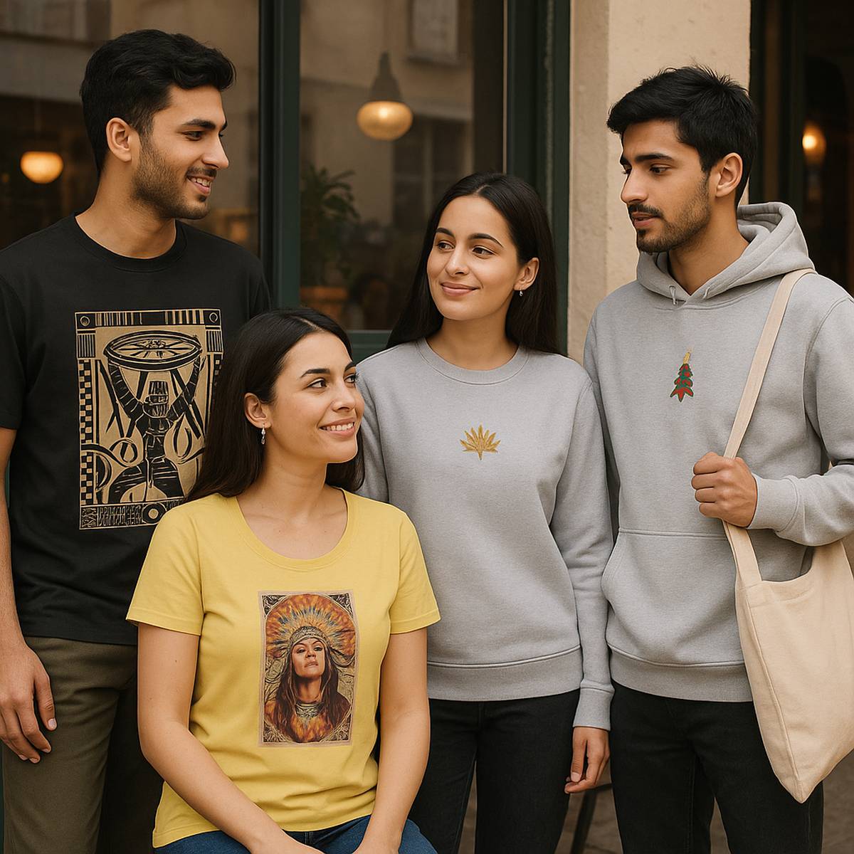 Models wearing iTiDharma premium graphic tees and hoodies showcasing minimal, artistic, and philosophy-inspired designs — representing the brand’s modern Indian streetwear style.