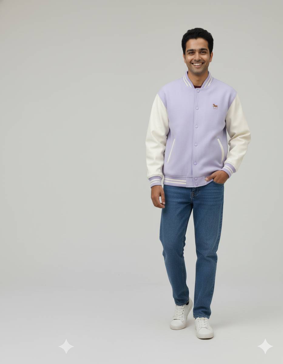Man wearing a pastel lavender varsity jacket and blue jeans, standing and smiling against a clean studio background – iTiDharma premium apparel photo.