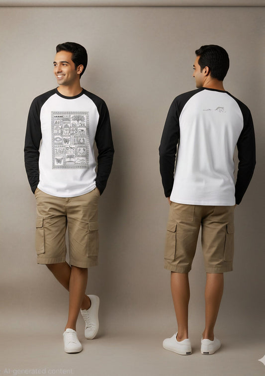 Unisex raglan t-shirt with black sleeves and beige cargo shorts