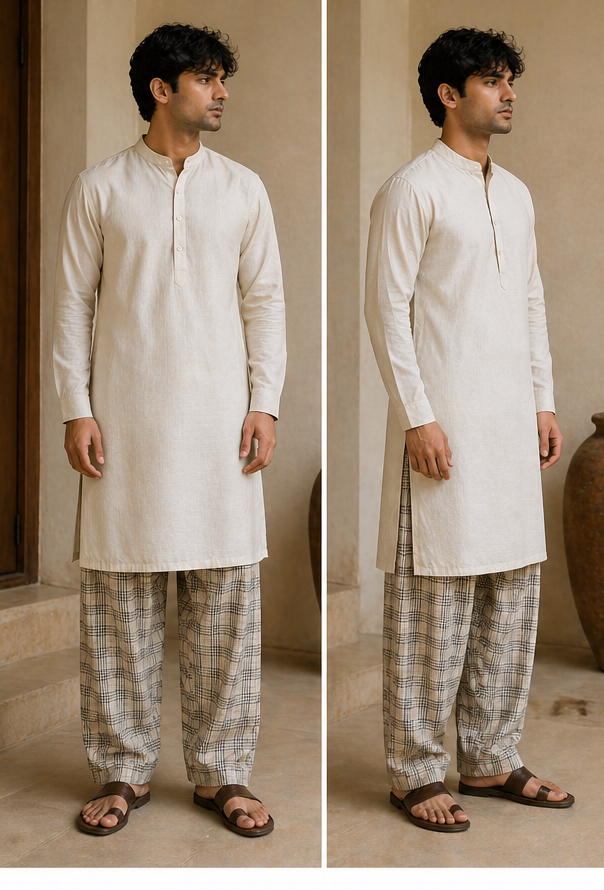 Man wearing a white kurta with checkered pants in a neutral setting
