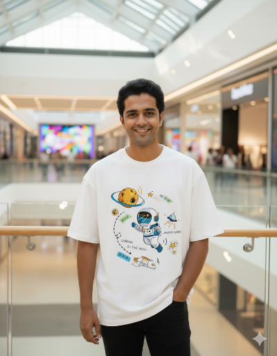Man in white space-themed graphic t-shirt smiling in modern shopping mall