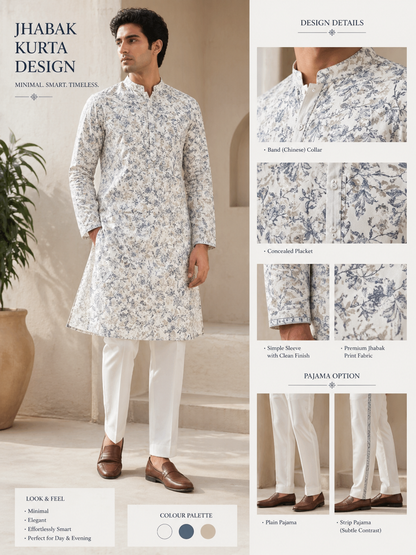 Man wearing a floral kurta with design details and color palette shown.