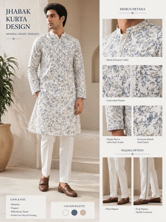 Man wearing a floral kurta with design details and color palette shown.
