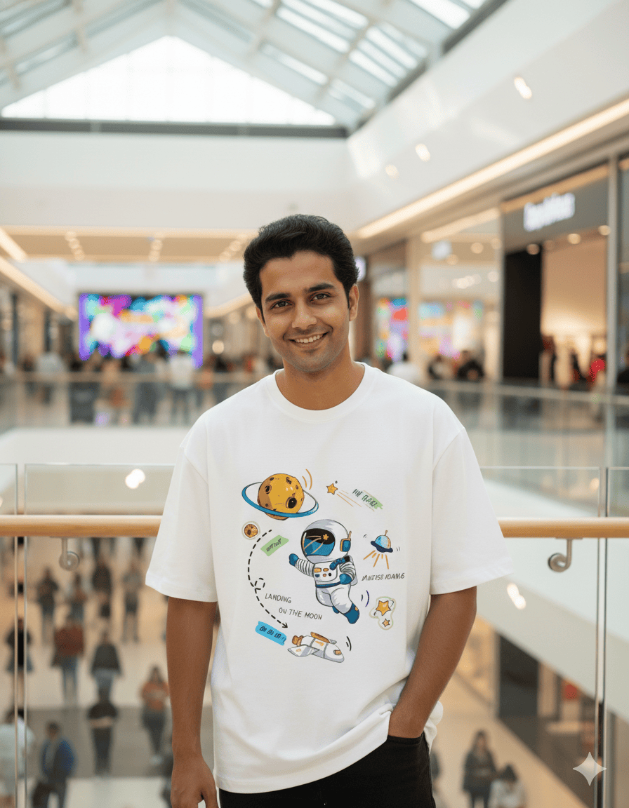 Smiling man in astronaut graphic t-shirt standing in modern shopping mall