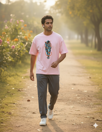 Man walking in park wearing pink astronaut graphic t-shirt, joggers, and white sneakers