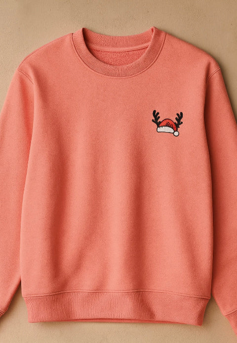 Pink sweatshirt with a small embroidered design on a beige background